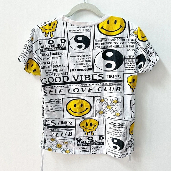 On Fire Womens Allover Graphic White T-Shirt “God is all you need” Large Smiley - Picture 2 of 10